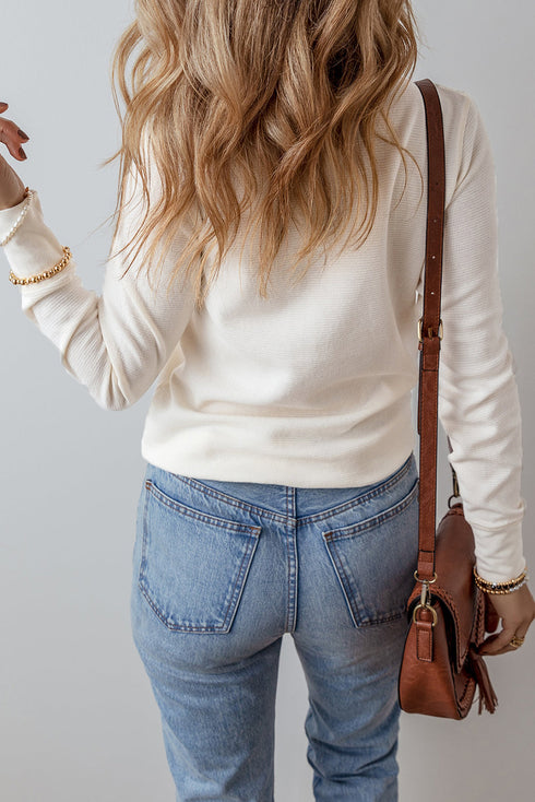Textured Waffle Knit Long Sleeve Button Front Henley Top