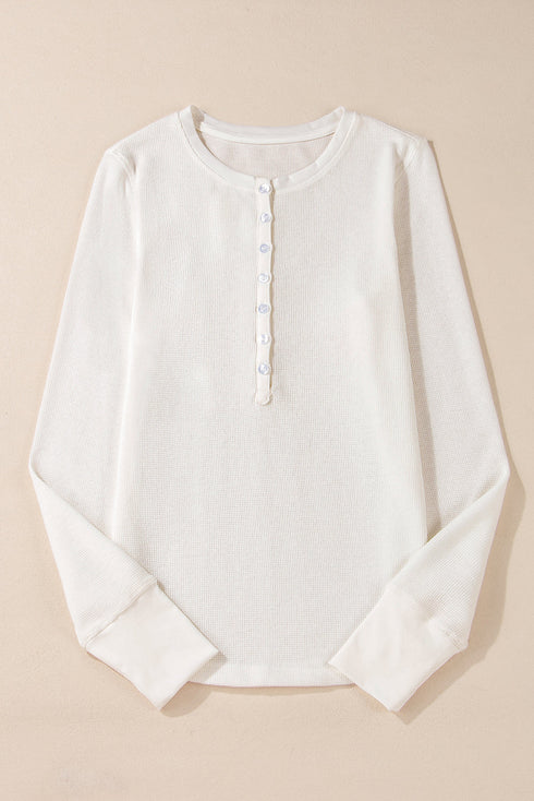 Textured Waffle Knit Long Sleeve Button Front Henley Top