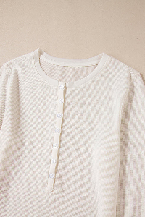 Textured Waffle Knit Long Sleeve Button Front Henley Top