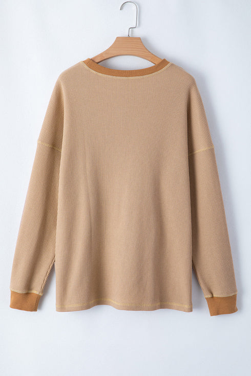 Textured Waffle Knit Long Sleeve Drop Shoulder Top