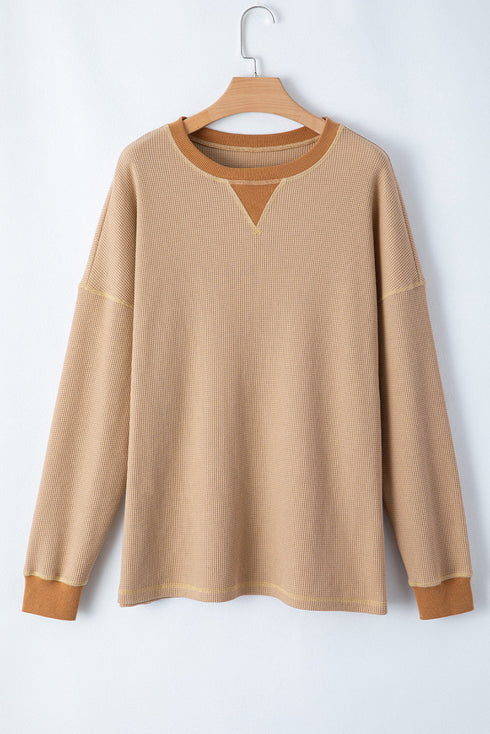 Textured Waffle Knit Long Sleeve Drop Shoulder Top