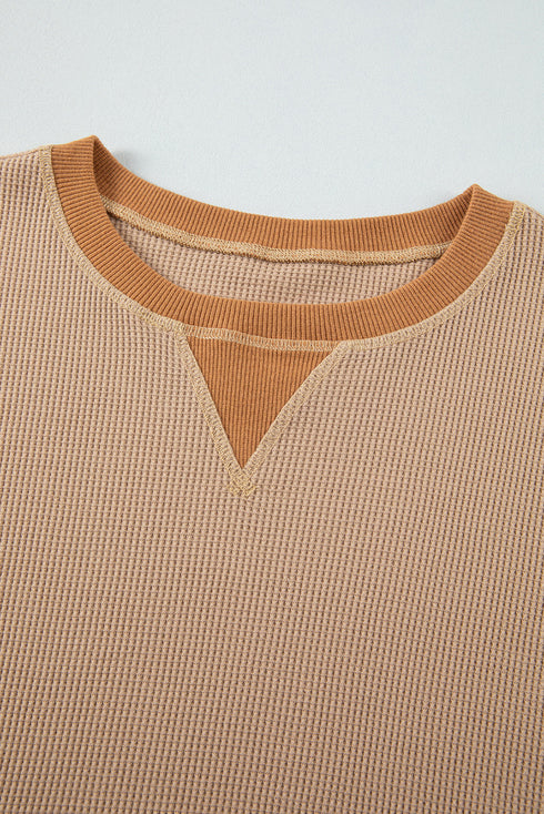 Textured Waffle Knit Long Sleeve Drop Shoulder Top