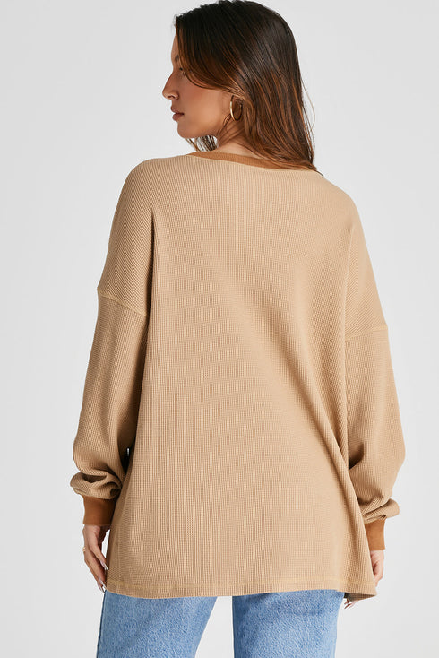 Textured Waffle Knit Long Sleeve Drop Shoulder Top