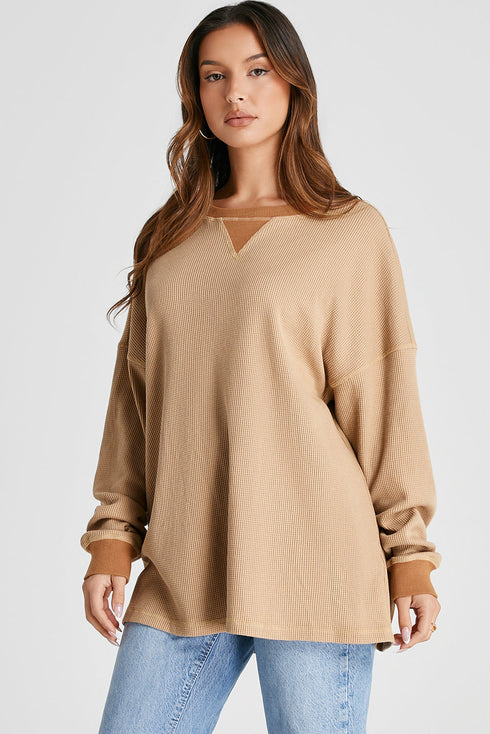 Textured Waffle Knit Long Sleeve Drop Shoulder Top