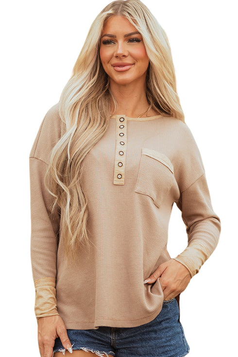 Textured Waffle Knit Long Sleeve Henley Tunic Top
