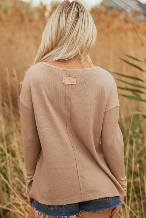 Textured Waffle Knit Long Sleeve Henley Tunic Top
