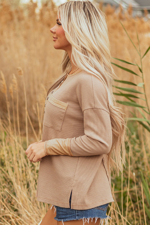 Textured Waffle Knit Long Sleeve Henley Tunic Top