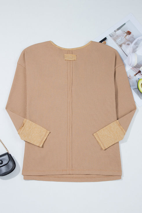 Textured Waffle Knit Long Sleeve Henley Tunic Top