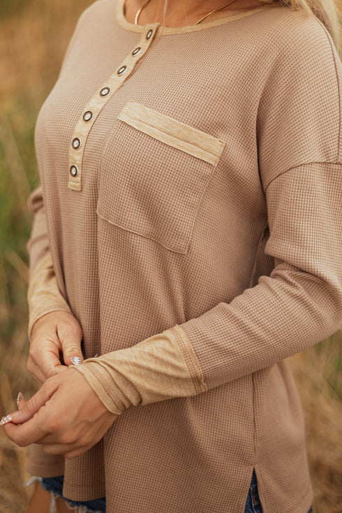Textured Waffle Knit Long Sleeve Henley Tunic Top