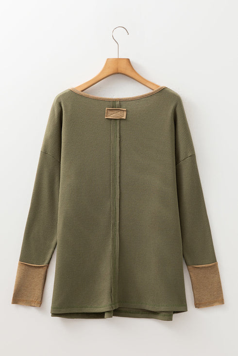 Textured Waffle Knit Long Sleeve Henley Tunic Top