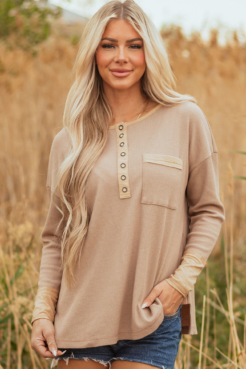 Textured Waffle Knit Long Sleeve Henley Tunic Top