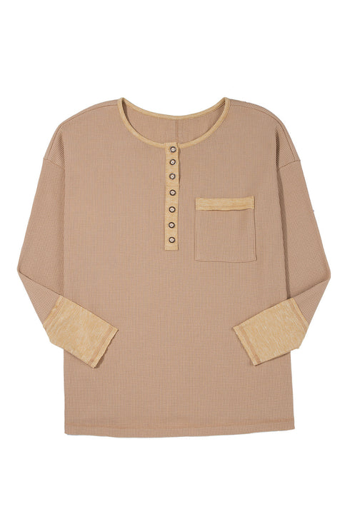 Textured Waffle Knit Long Sleeve Henley Tunic Top