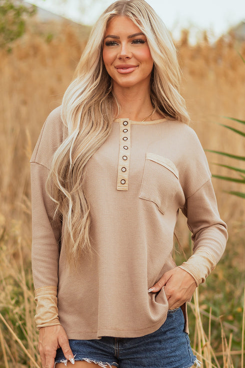 Textured Waffle Knit Long Sleeve Henley Tunic Top