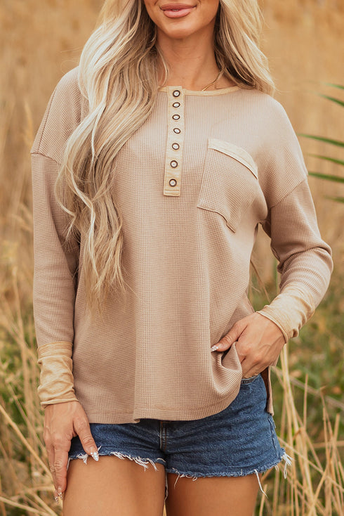 Textured Waffle Knit Long Sleeve Henley Tunic Top
