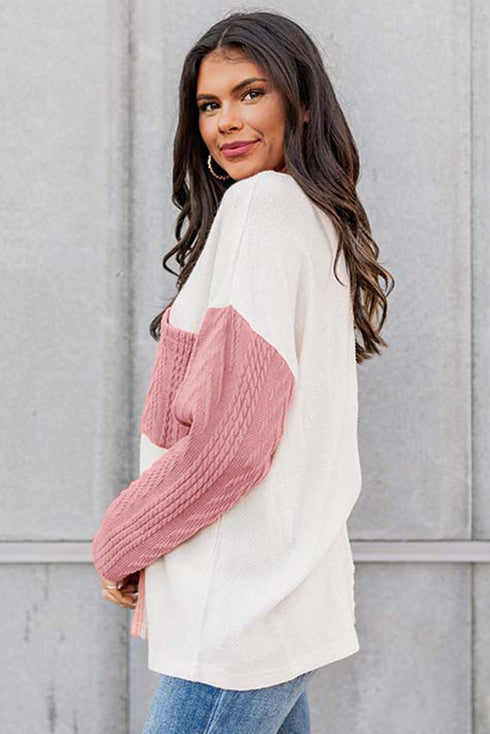 Textured Waffle Knit Long Sleeve Mixed Pattern Pocket Top