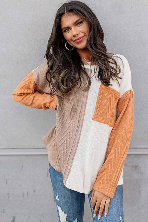 Textured Waffle Knit Long Sleeve Mixed Pattern Pocket Top