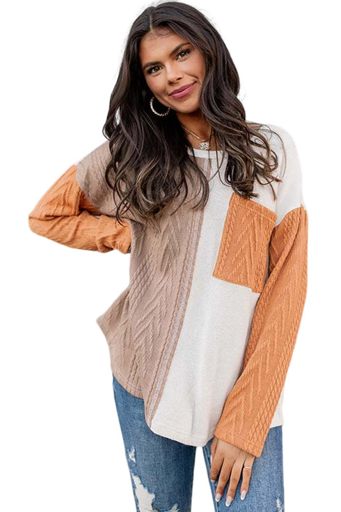 Textured Waffle Knit Long Sleeve Mixed Pattern Pocket Top
