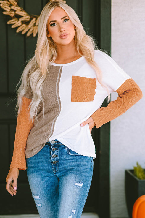 Textured Waffle Knit Long Sleeve Mixed Pattern Pocket Top
