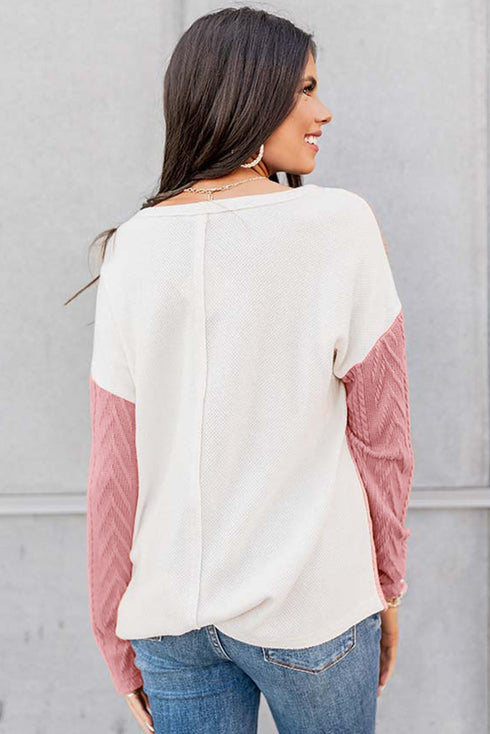 Textured Waffle Knit Long Sleeve Mixed Pattern Pocket Top