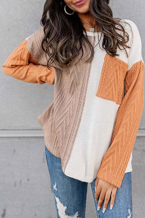 Textured Waffle Knit Long Sleeve Mixed Pattern Pocket Top