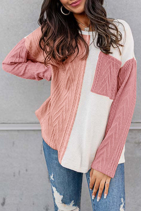 Textured Waffle Knit Long Sleeve Mixed Pattern Pocket Top