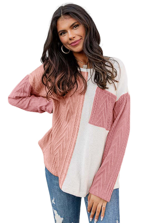 Textured Waffle Knit Long Sleeve Mixed Pattern Pocket Top