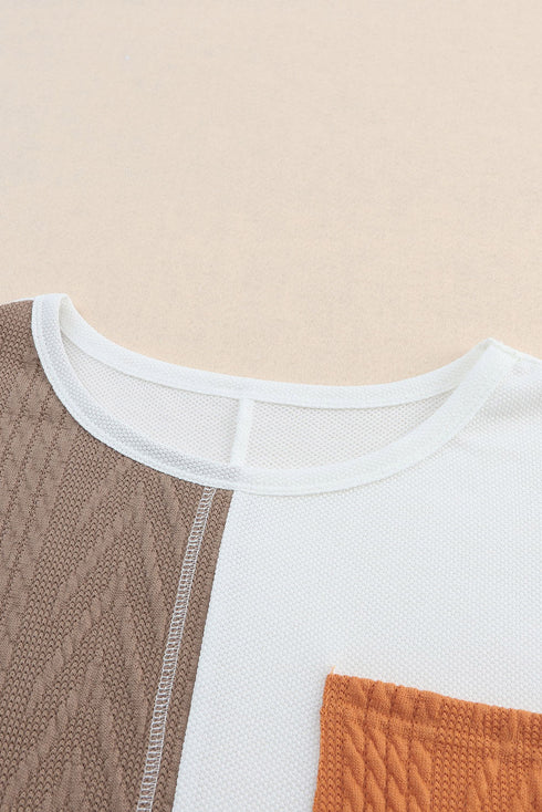 Textured Waffle Knit Long Sleeve Mixed Pattern Pocket Top