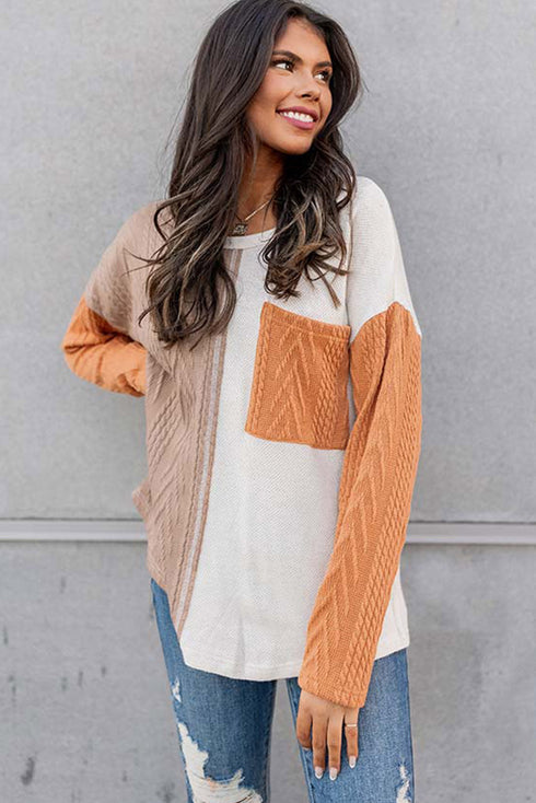 Textured Waffle Knit Long Sleeve Mixed Pattern Pocket Top
