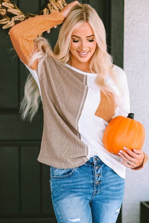 Textured Waffle Knit Long Sleeve Mixed Pattern Pocket Top