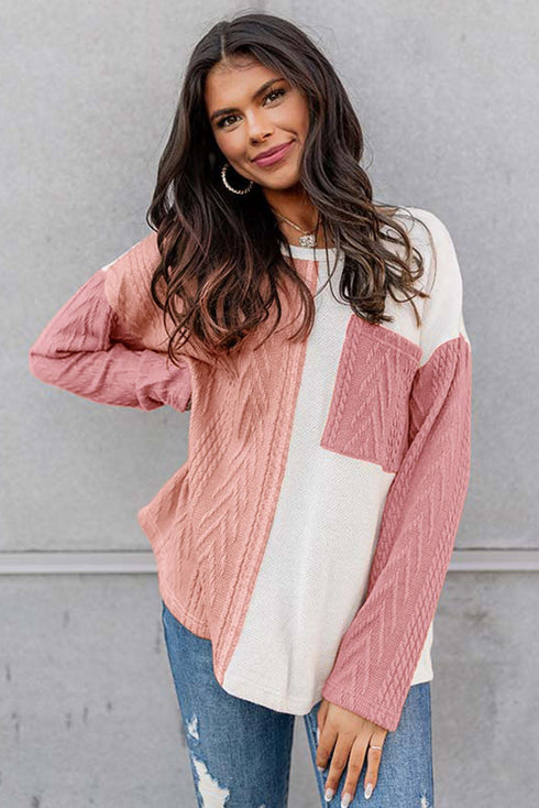 Textured Waffle Knit Long Sleeve Mixed Pattern Pocket Top