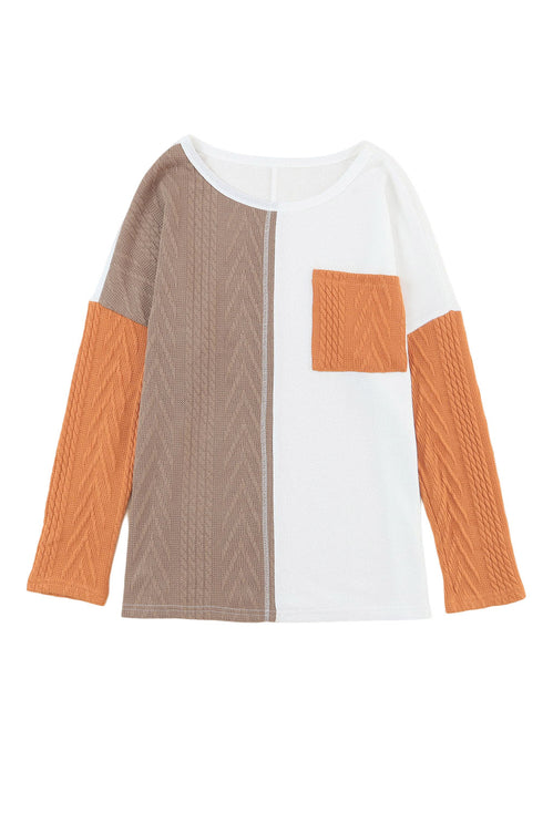 Textured Waffle Knit Long Sleeve Mixed Pattern Pocket Top
