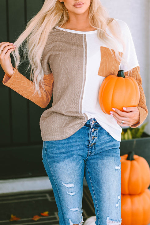 Textured Waffle Knit Long Sleeve Mixed Pattern Pocket Top