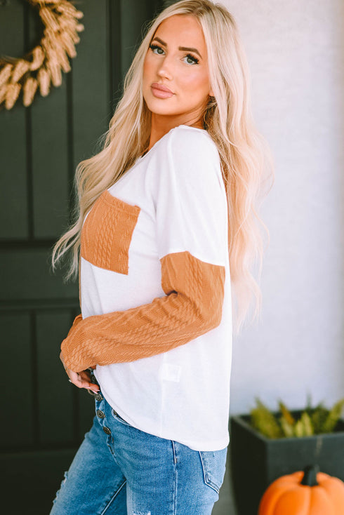 Textured Waffle Knit Long Sleeve Mixed Pattern Pocket Top