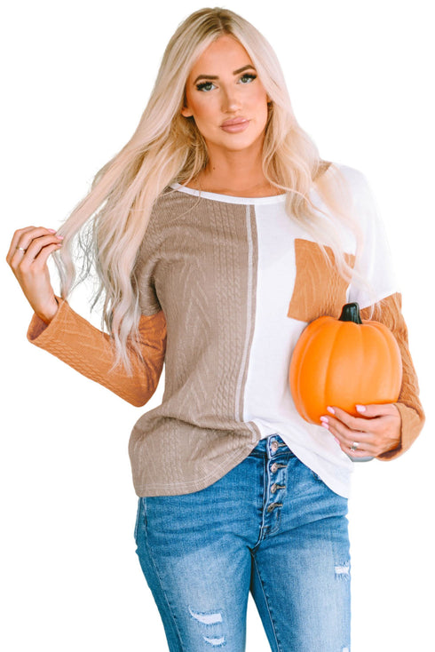 Textured Waffle Knit Long Sleeve Mixed Pattern Pocket Top