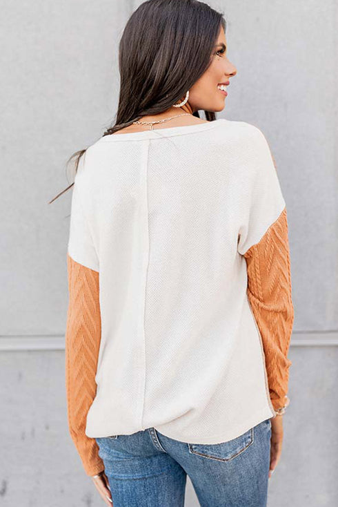 Textured Waffle Knit Long Sleeve Mixed Pattern Pocket Top