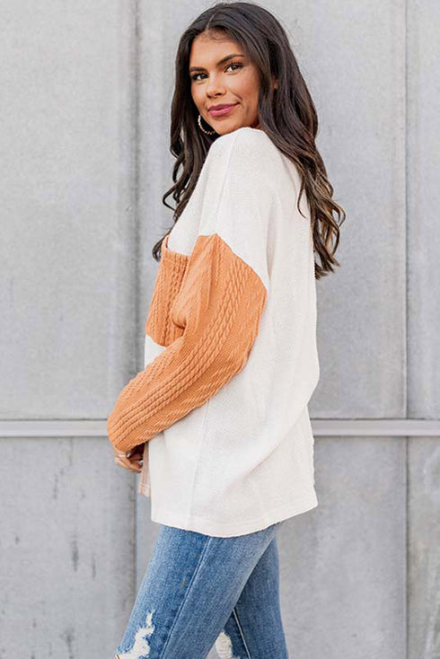 Textured Waffle Knit Long Sleeve Mixed Pattern Pocket Top