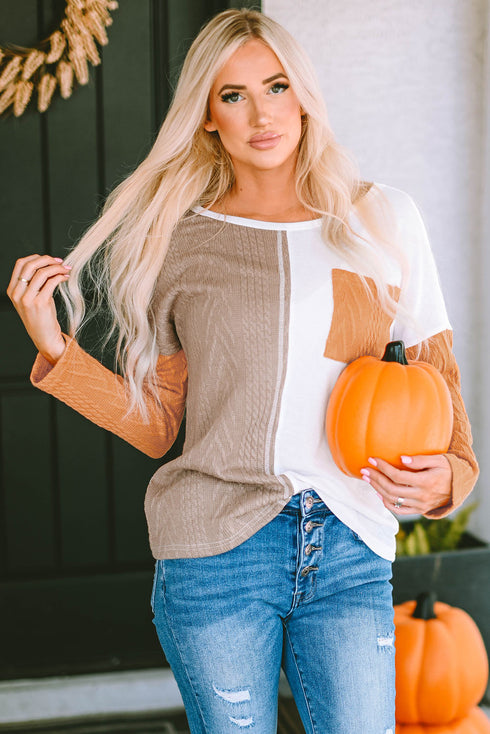 Textured Waffle Knit Long Sleeve Mixed Pattern Pocket Top