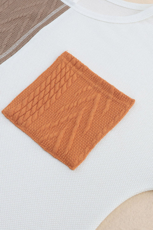 Textured Waffle Knit Long Sleeve Mixed Pattern Pocket Top