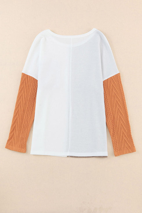 Textured Waffle Knit Long Sleeve Mixed Pattern Pocket Top