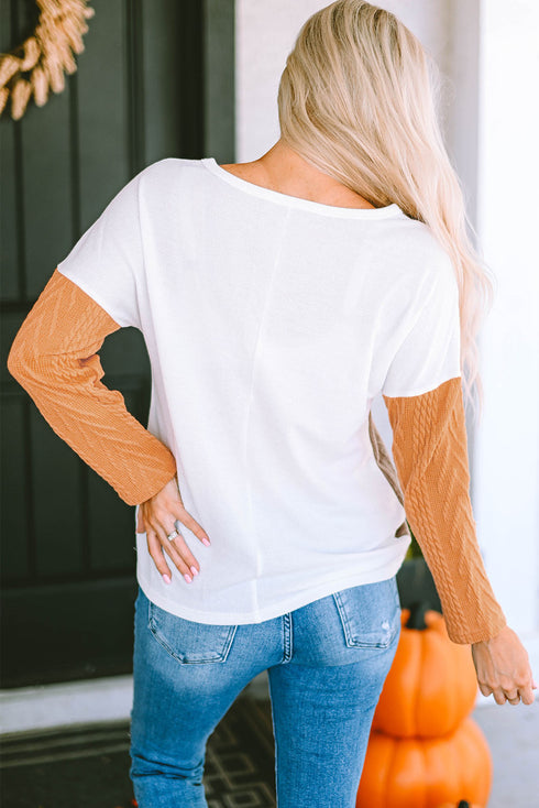 Textured Waffle Knit Long Sleeve Mixed Pattern Pocket Top