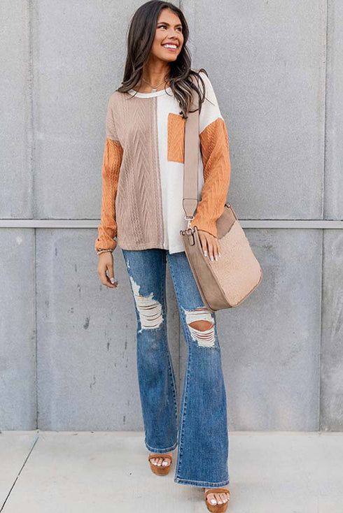 Textured Waffle Knit Long Sleeve Mixed Pattern Pocket Top