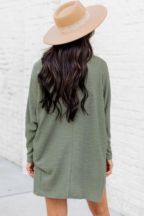 Textured Waffle Knit Open Front Pocketed Cardigan