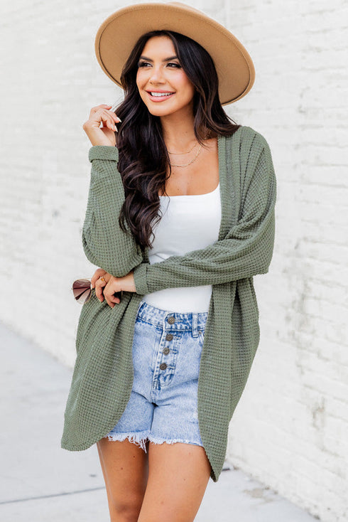 Textured Waffle Knit Open Front Pocketed Cardigan