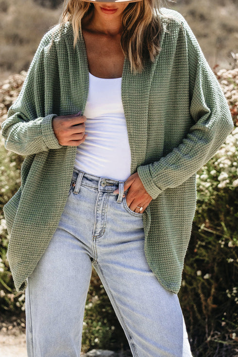 Textured Waffle Knit Open Front Pocketed Cardigan