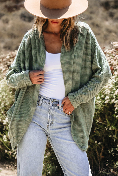 Textured Waffle Knit Open Front Pocketed Cardigan
