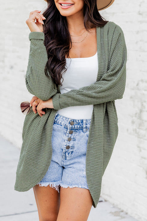 Textured Waffle Knit Open Front Pocketed Cardigan