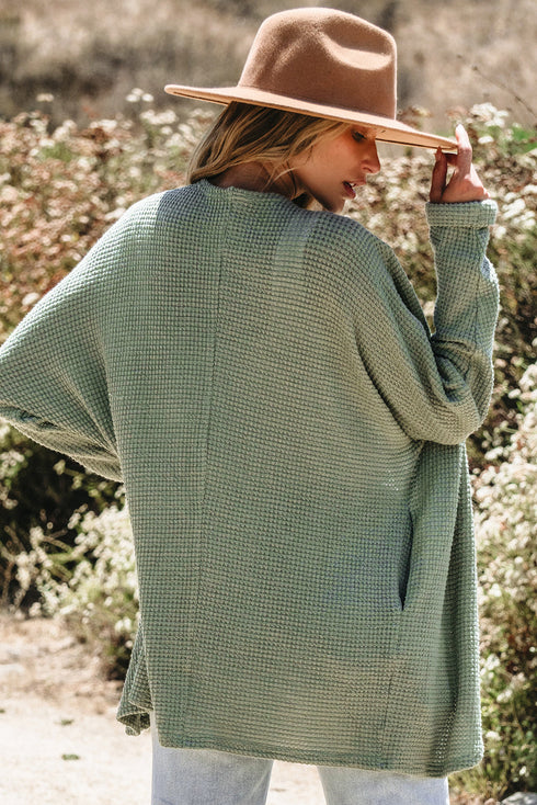 Textured Waffle Knit Open Front Pocketed Cardigan