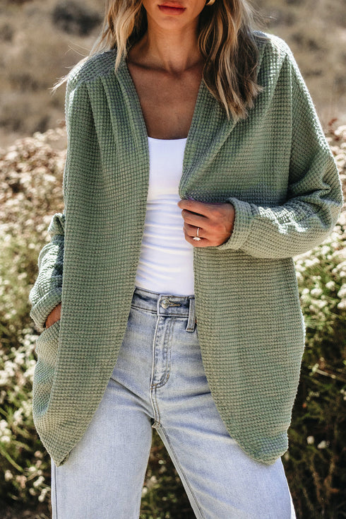 Textured Waffle Knit Open Front Pocketed Cardigan