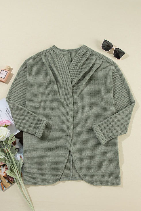 Textured Waffle Knit Open Front Pocketed Cardigan