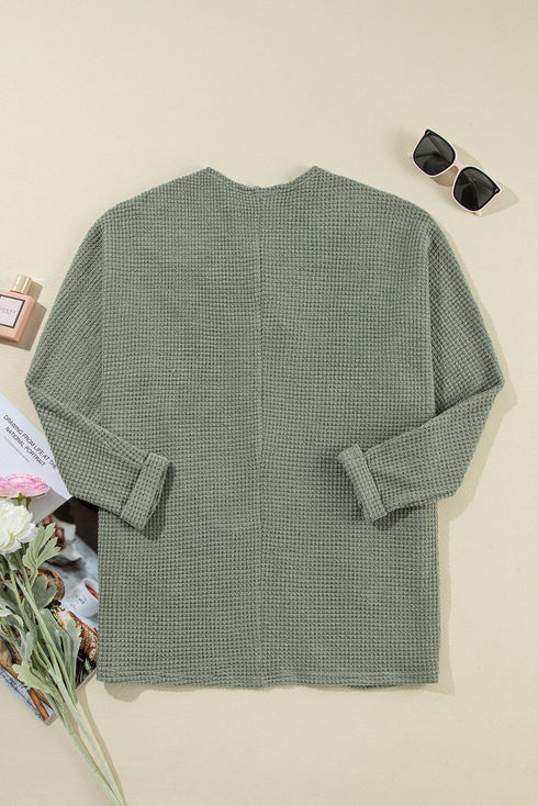 Textured Waffle Knit Open Front Pocketed Cardigan